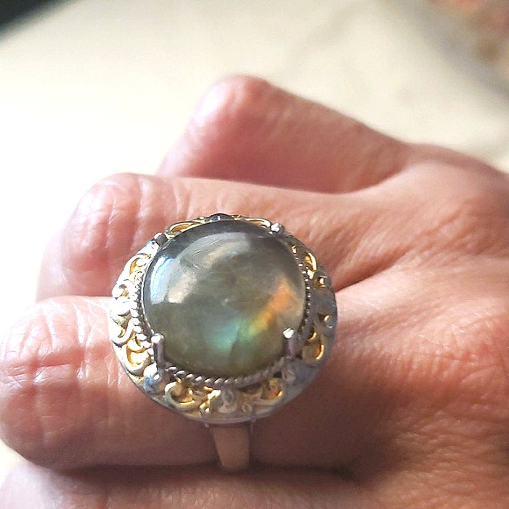 BIG LABADORITE STERLING OVER STAINLESS STEEL WITH GOLD Overlay SZ 8 RING Bird